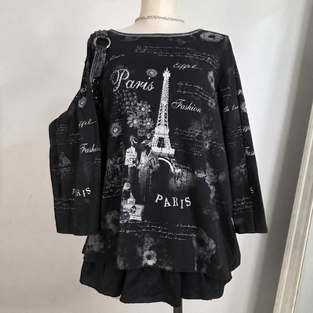 Y2K Paris Eiffel Tower Graphic Top Black 3/4 Sleeve Plus Size 3X